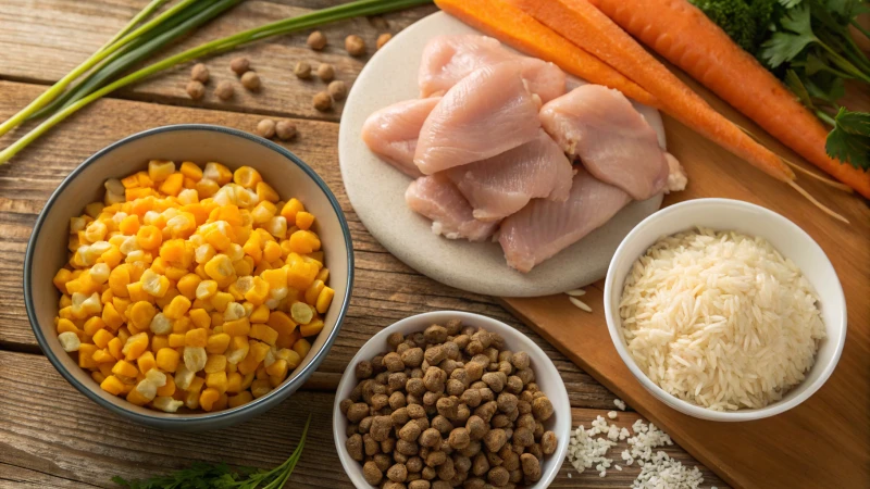 A wooden table filled with fresh dog food ingredients