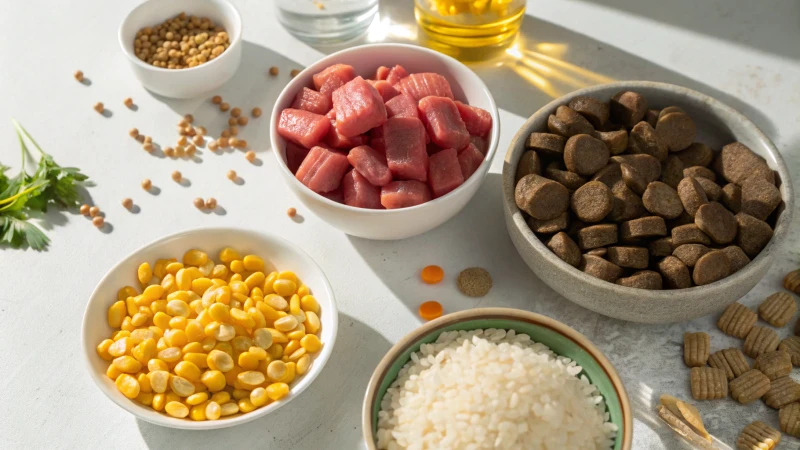 A tabletop scene with ingredients for dry dog food, including kibble, raw meat, grains, and vitamin pills.