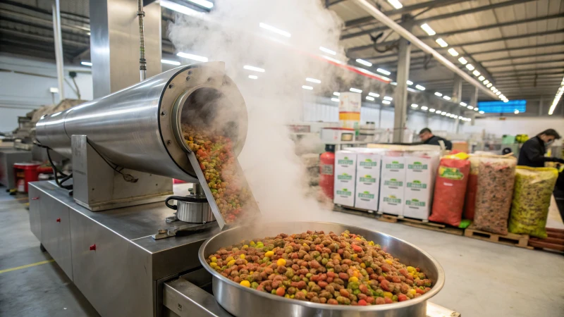 Dog food pellet machine in a factory setting