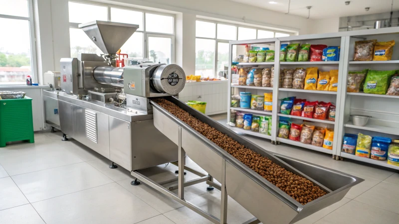 Una moderna granuladora de comida para perros en una fábrica limpia