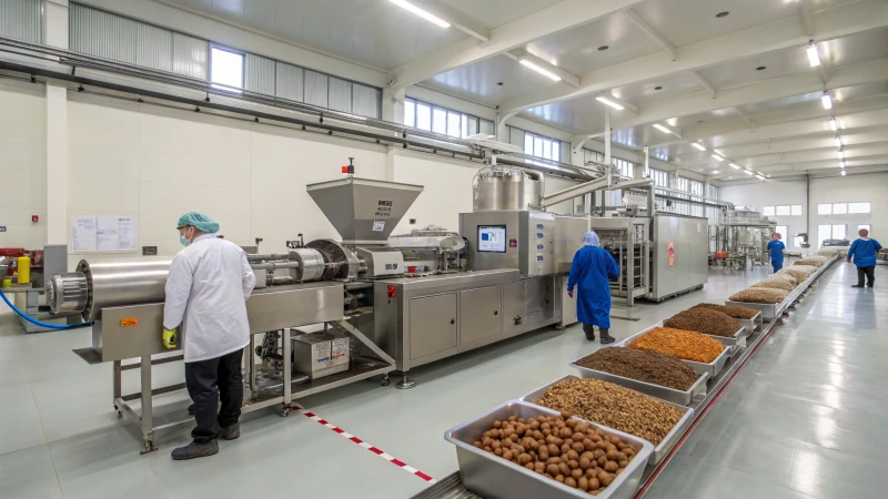 A modern factory producing dry dog food, showing various machines and workers.