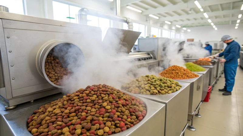 Dog food production line with kibble and industrial dryers