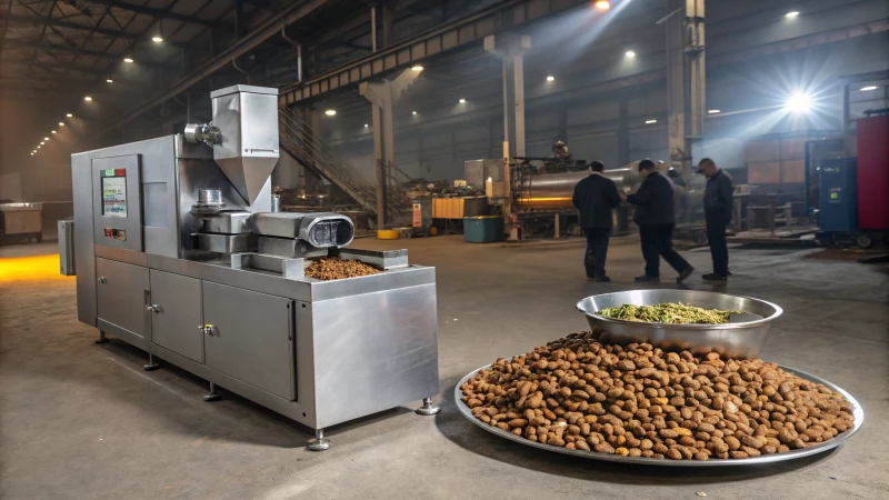 Industrial dog kibble machine in a factory setting