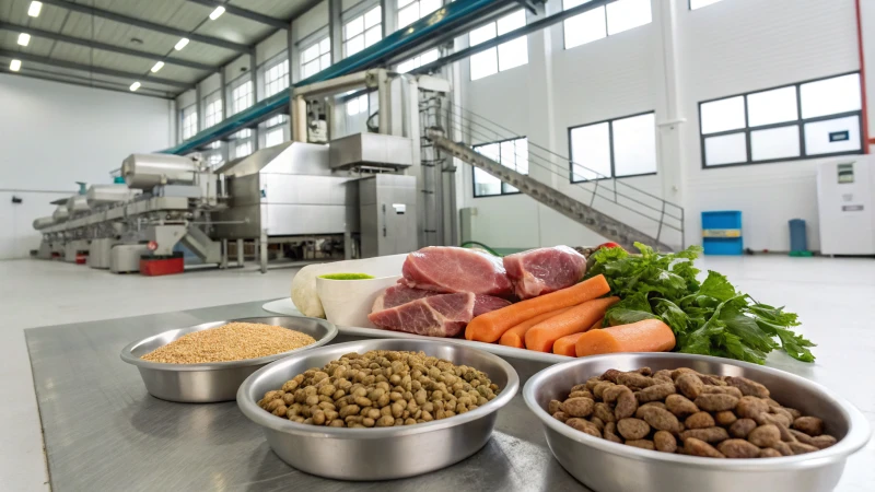 Modern dog kibble manufacturing facility with fresh ingredients