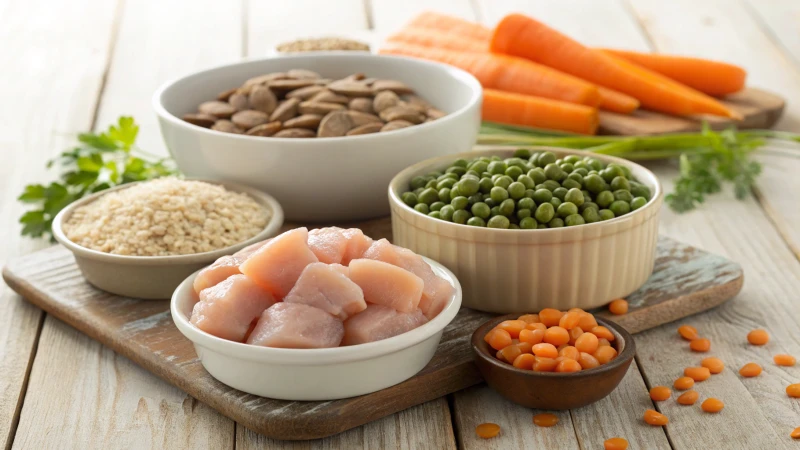 An arrangement of dog food ingredients on a wooden table