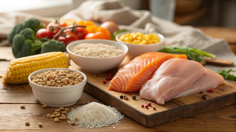 Display of dry pet food ingredients on a wooden table