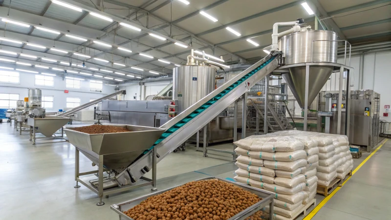 A view of a dry pet food production line with industrial machinery