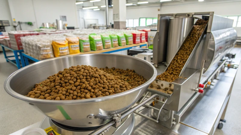 A large extrusion machine in a pet food manufacturing plant