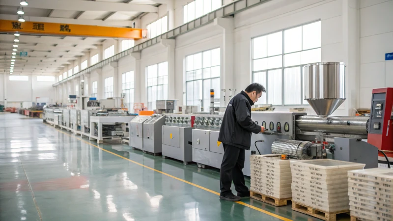 Industrial expert examining extruder machines in a factory setting