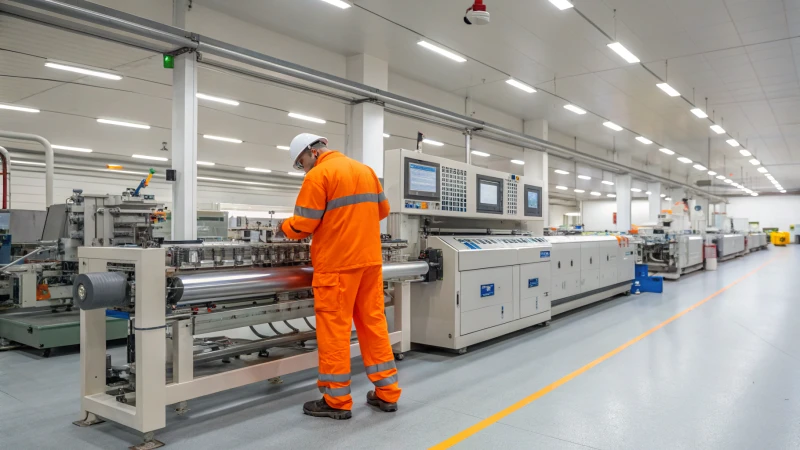 Technician in safety gear inspecting an extrusion machine in a factory.