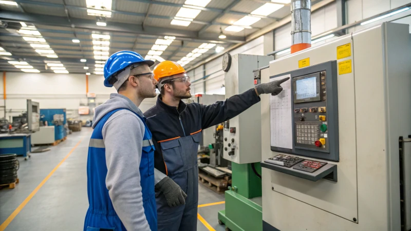 An experienced trainer instructs a trainee on a large industrial machine in a clean factory.