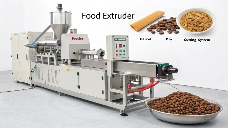 Diagrama pormenorizado de uma extrusora de alimentos para a produção de alimentos para animais de companhia, mostrando os componentes identificados