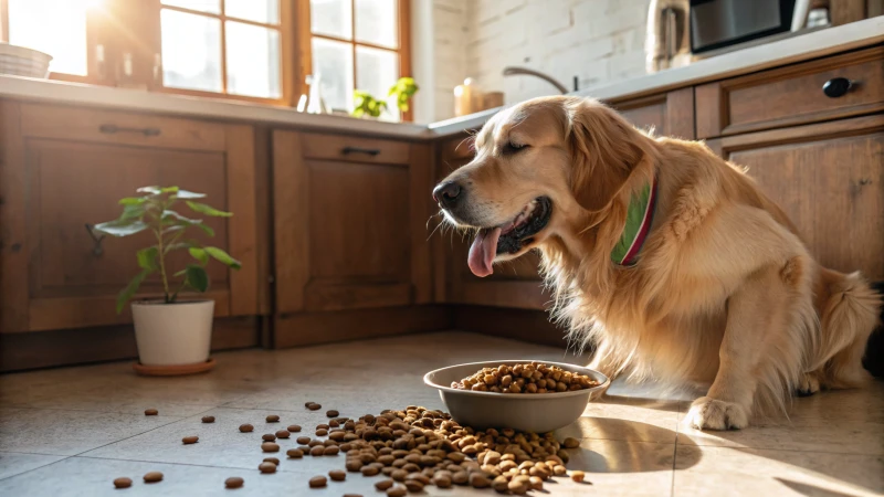 A golden retriever eating from a bowl of dog food in a sunlit kitchen