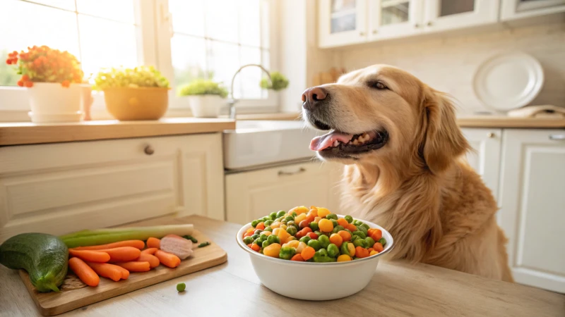 A golden retriever eating from a bowl of dog food in a sunny kitchen