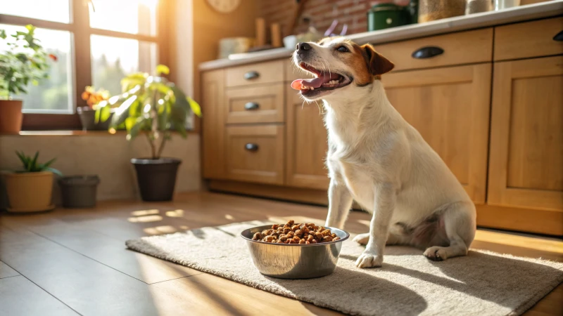 A close-up of a happy dog eating from a bowl in a cozy kitchen