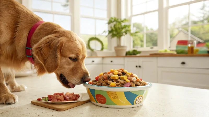 A healthy dog eating from a colorful bowl of protein-rich food