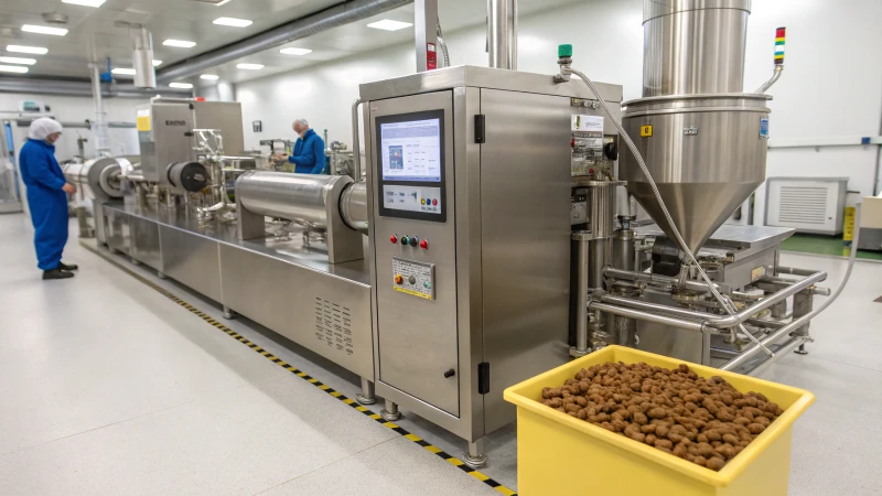 High-tech dog kibble machine in a modern pet food facility