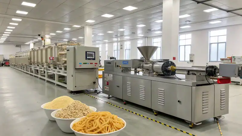 A high-tech food processing factory featuring a single-screw and twin-screw extruder.