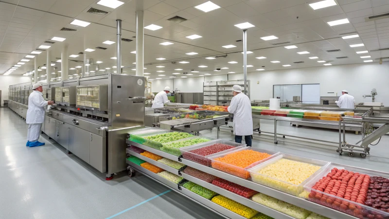 A high-tech food processing plant with stainless steel machinery and colorful food items