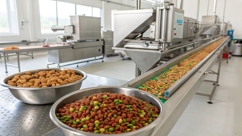 High-tech industrial extruder in a pet food facility