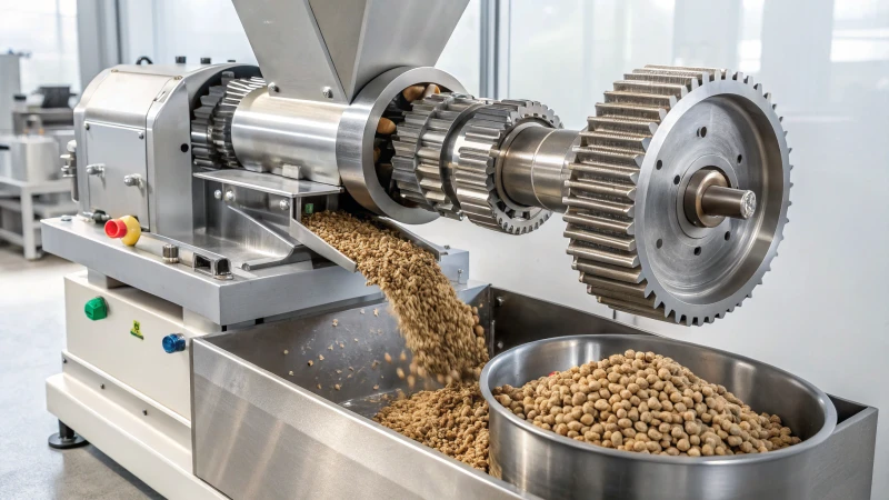 High-tech pellet machine producing animal feed pellets in a bright industrial environment.