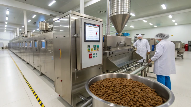 A high-tech pet food extruder machine in a factory setting