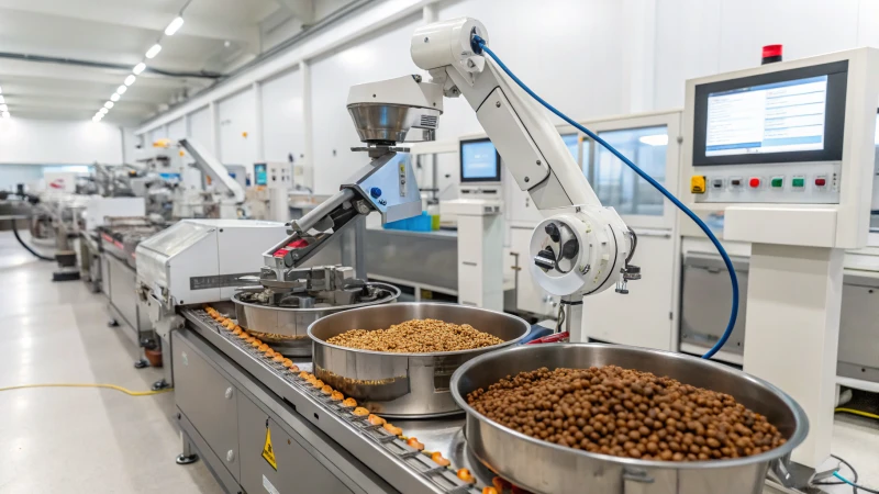 A high-tech pet food extrusion facility with advanced machinery