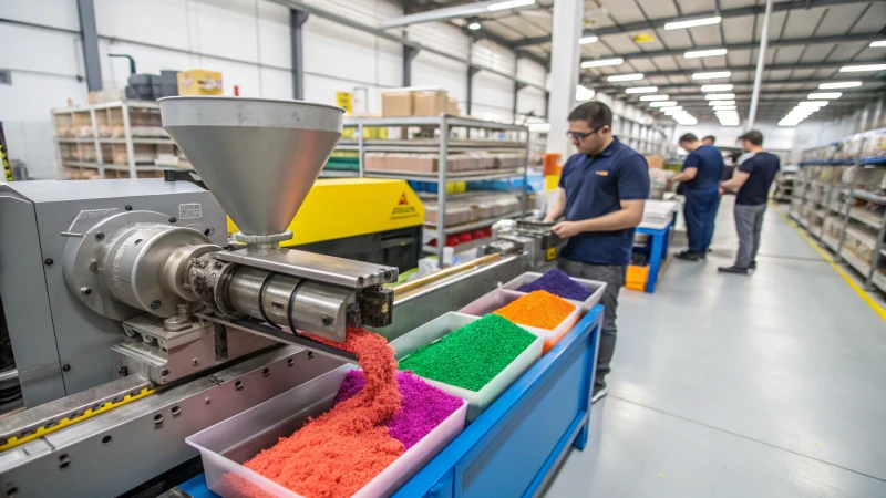 Photorealistic image of an industrial extruder machine in a manufacturing facility.