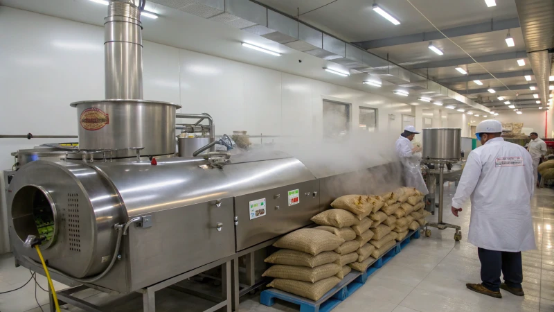 Large industrial food extruder in a processing facility