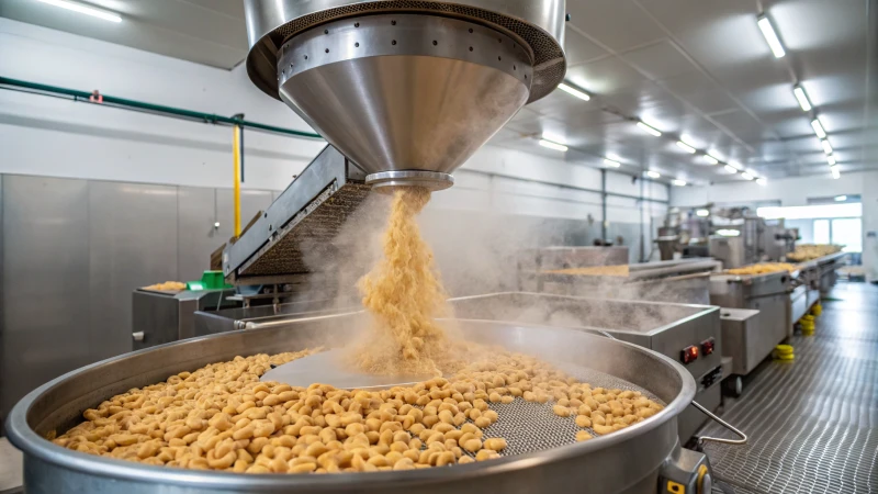 Extrusora industrial de alimentos numa instalação de processamento