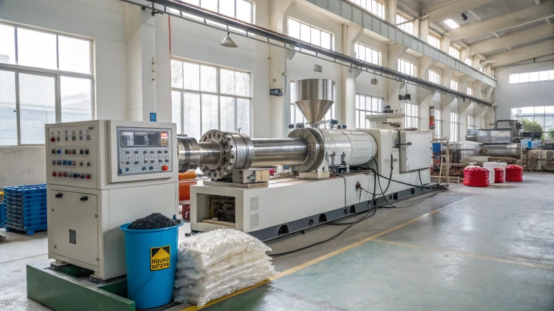 A large extruder in an industrial manufacturing facility with bright lighting