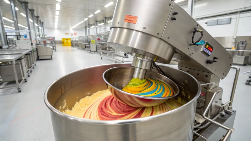 A large industrial mixer in a modern factory blending ingredients