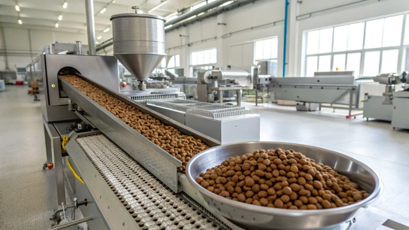 A modern industrial pet food extrusion machine in a factory