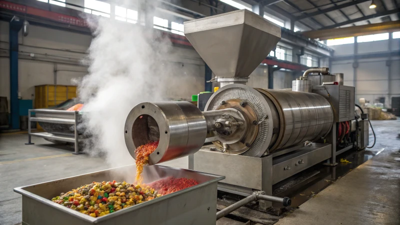 A detailed view of a single-screw extruder in an industrial setting