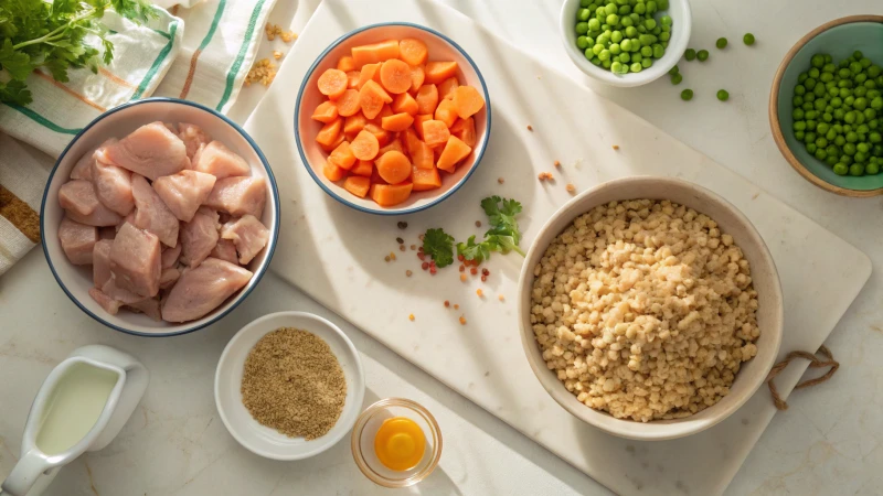 Overhead shot of kitchen countertop with ingredients for homemade dog food