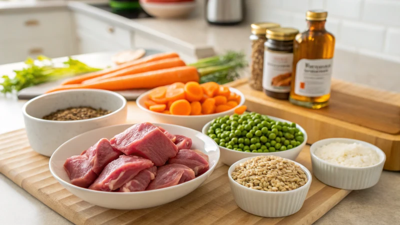 Fresh pet food ingredients on a kitchen countertop