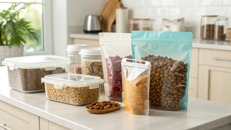 A clean kitchen countertop with various pet food packaging options