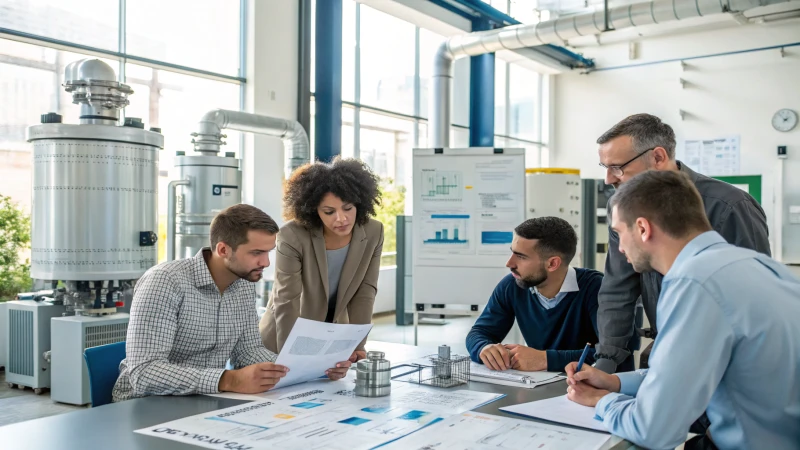 Manufacturers discussing pellet machine models in an industrial setting