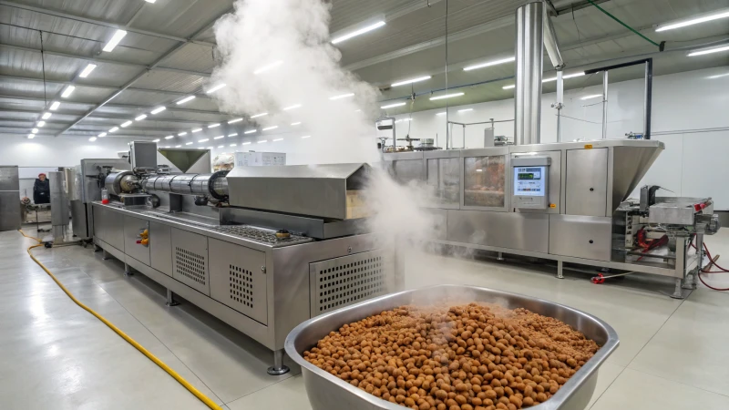 Interior de una planta de fabricación de alimentos para perros con una máquina de extrusión