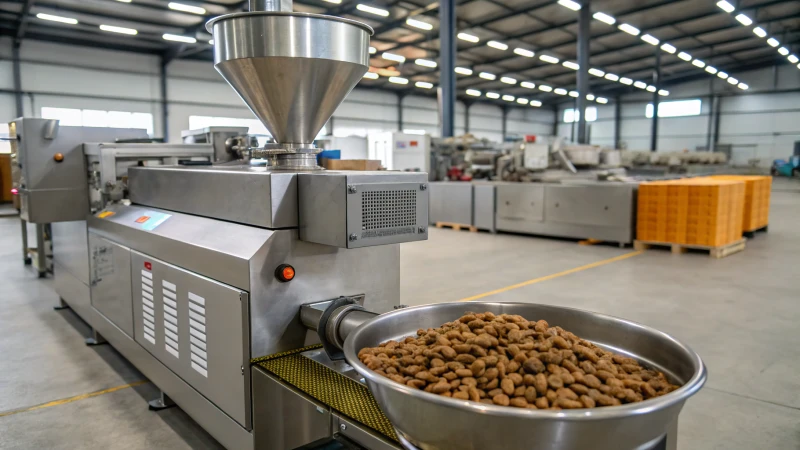 Modern dog food pellet machine in a clean industrial setting.