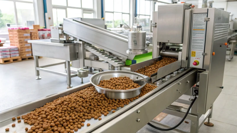 A modern dog food pellet machine in a manufacturing facility