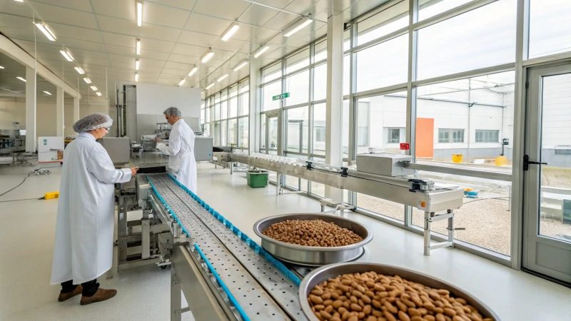 A modern dog food processing facility with workers overseeing production.