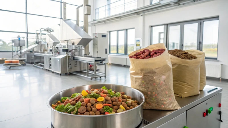 Interior of a modern dog food production facility with high-tech machinery