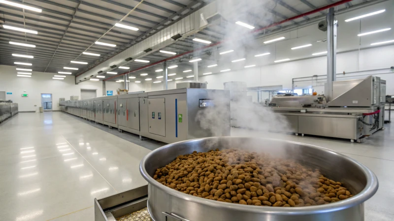 Una moderna instalación de producción de alimentos para perros con grandes máquinas de secado y croquetas.