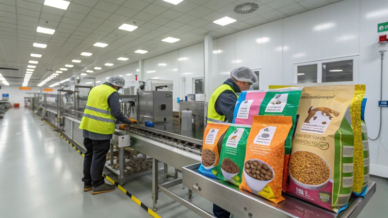 A modern dog food production facility with workers and machines