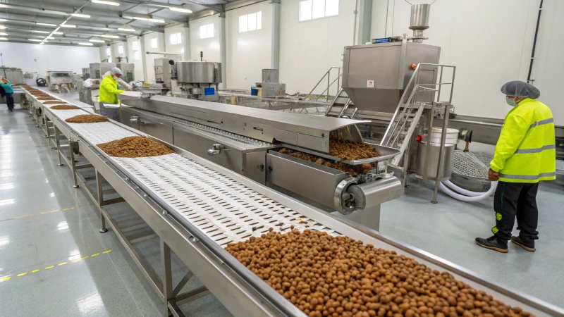 A modern dog kibble production line with machinery and workers in safety gear