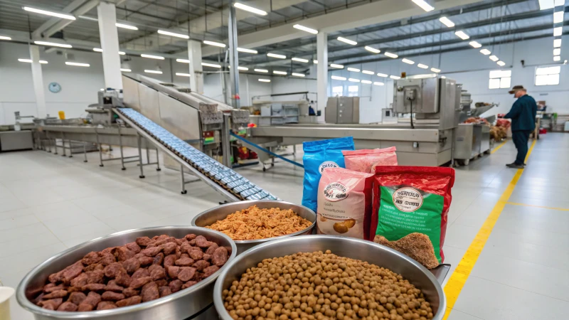 Une chaîne de production moderne d'aliments pour animaux de compagnie présentant des machines et des bandes transporteuses.