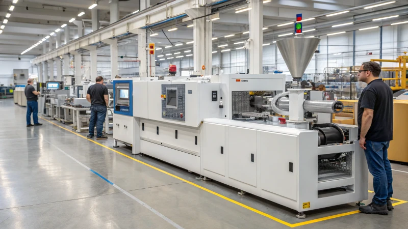 A modern extruder machine in a bustling factory environment