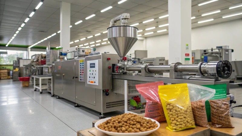 A modern extruder machine in a pet food manufacturing plant.