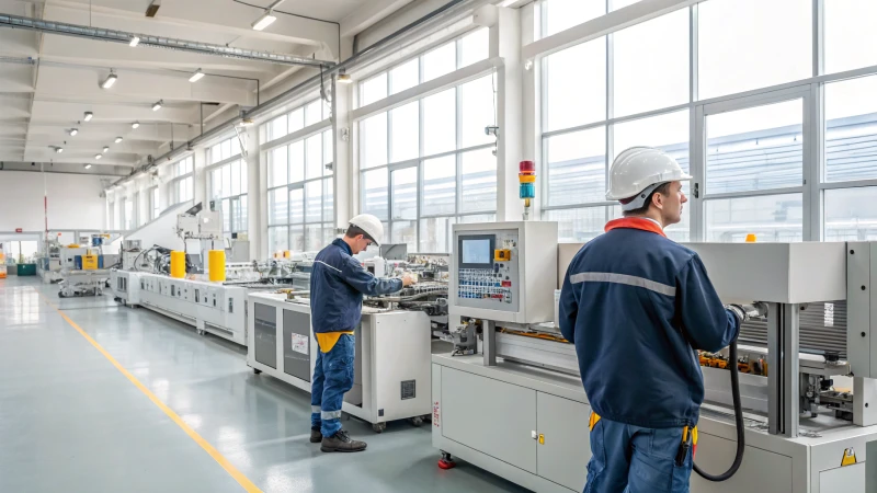 A busy extrusion factory with technicians monitoring equipment.